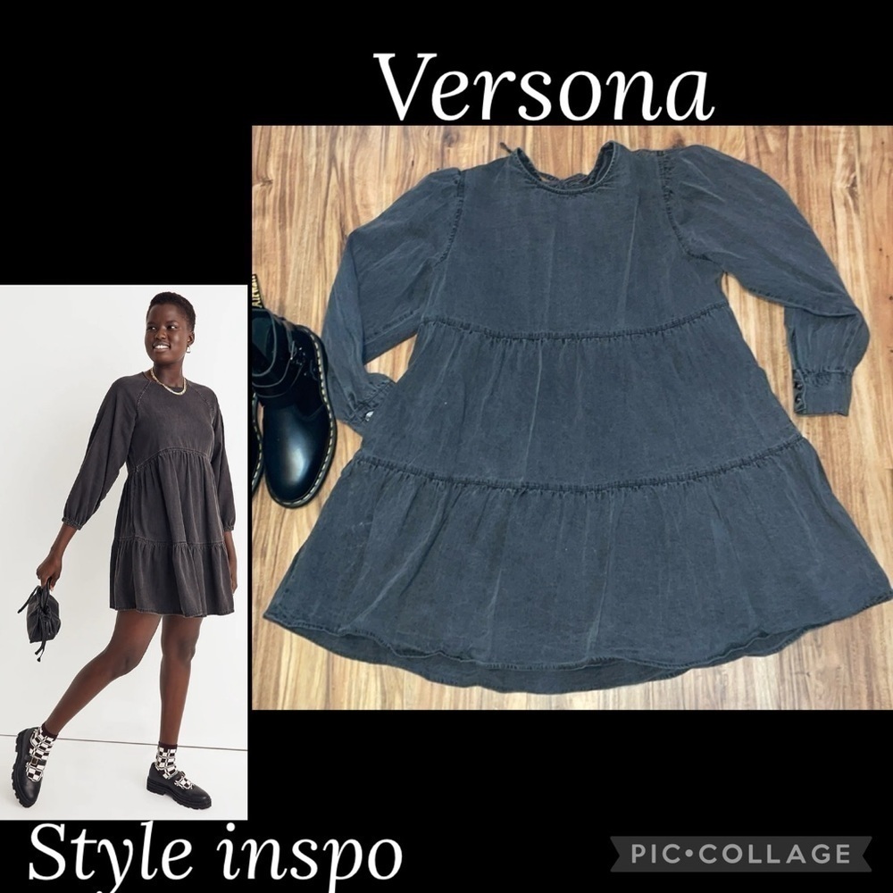 Versona women’s dress XL mini denim vintage black long sleeve cuff tie tiered
